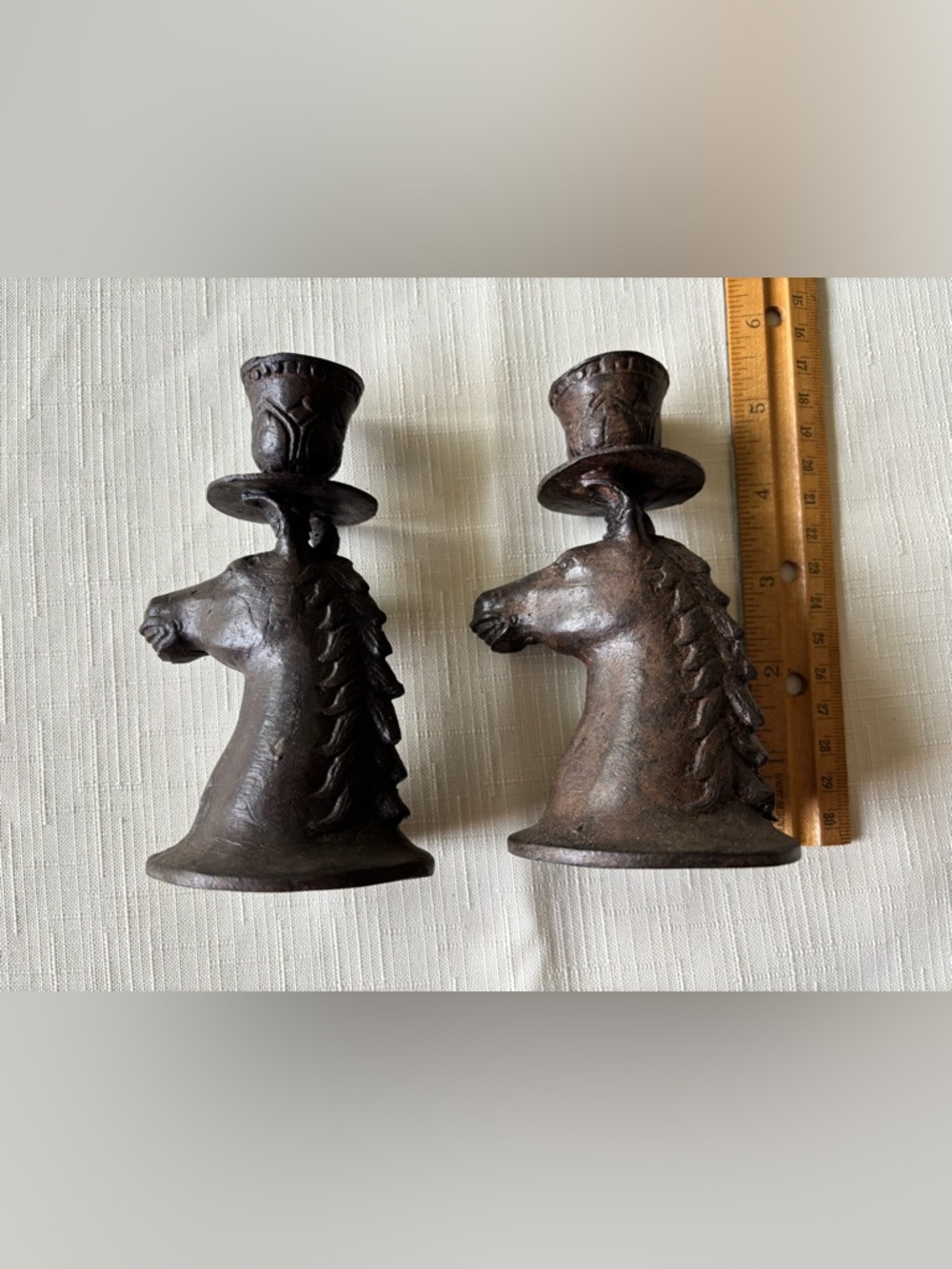Antique Cast Iron Horse Head Candle Stick Holders - Rustic Pair in Dark Brown